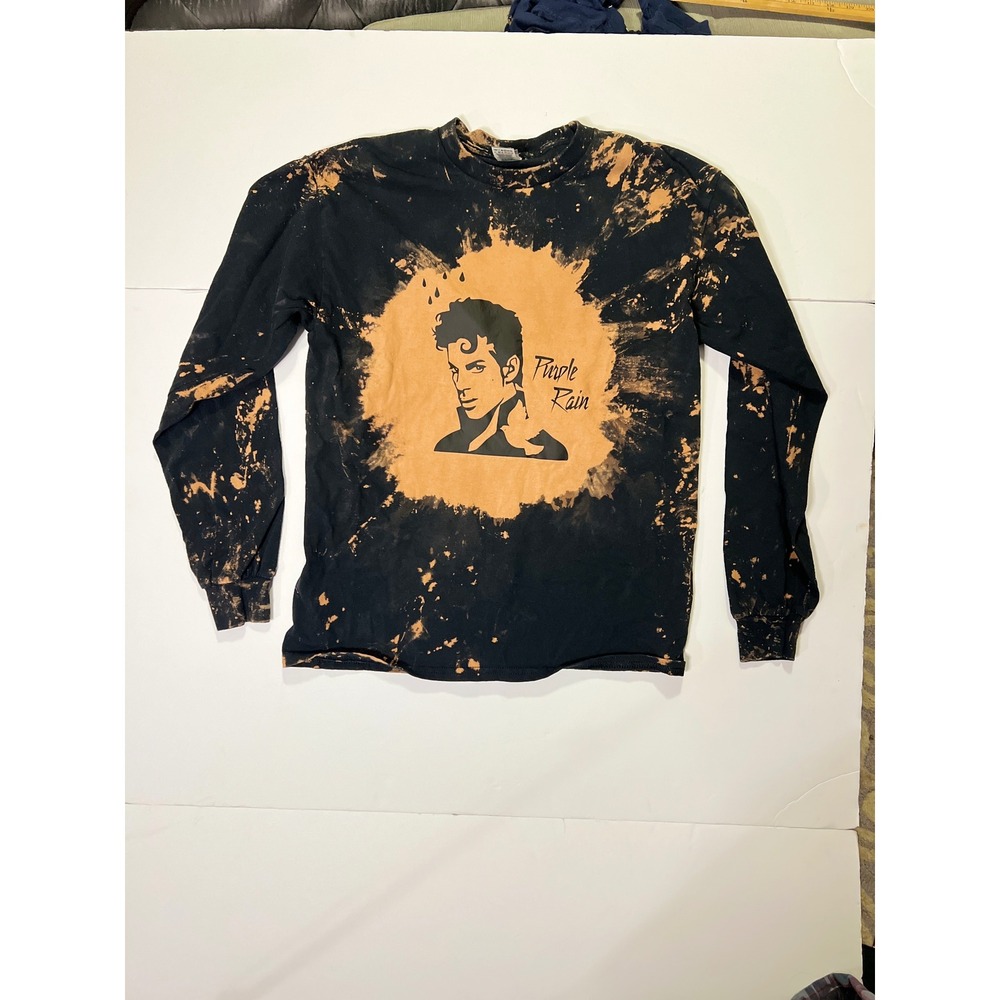 Prince Purple‎ Rain Bleach Tie Dye Long Sleeve Shirt Mens Medium Black Orange